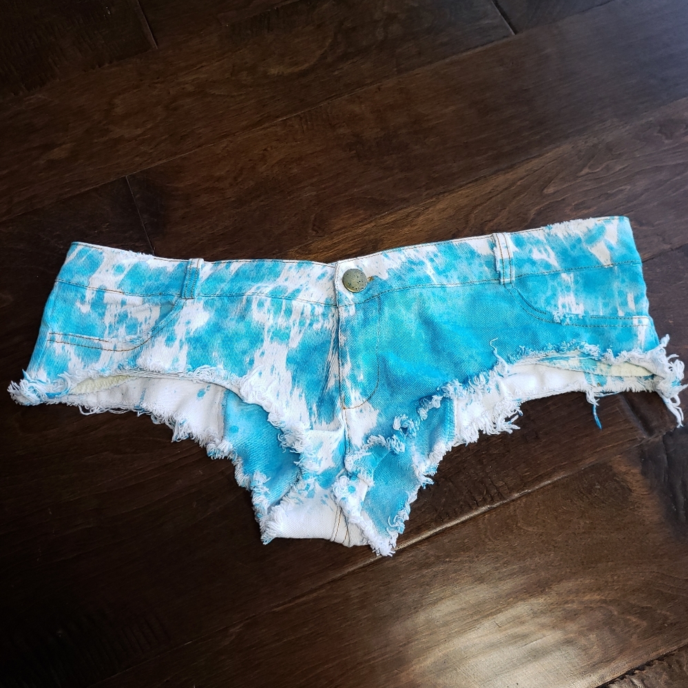 Blue and White Tie Dye Two Pocket Jean Shorts